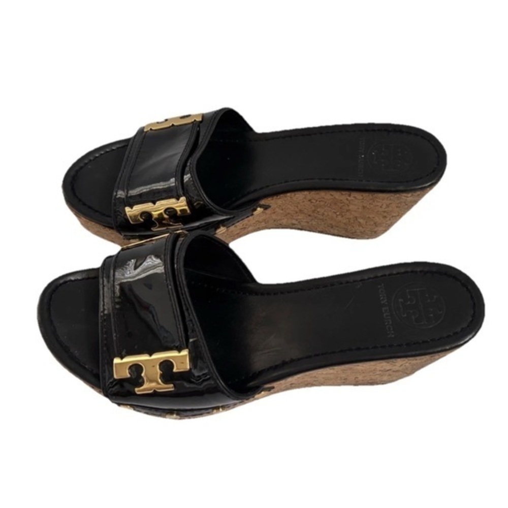 Tory Butch wedge Sandal I Black Leather Slipon size 9.5